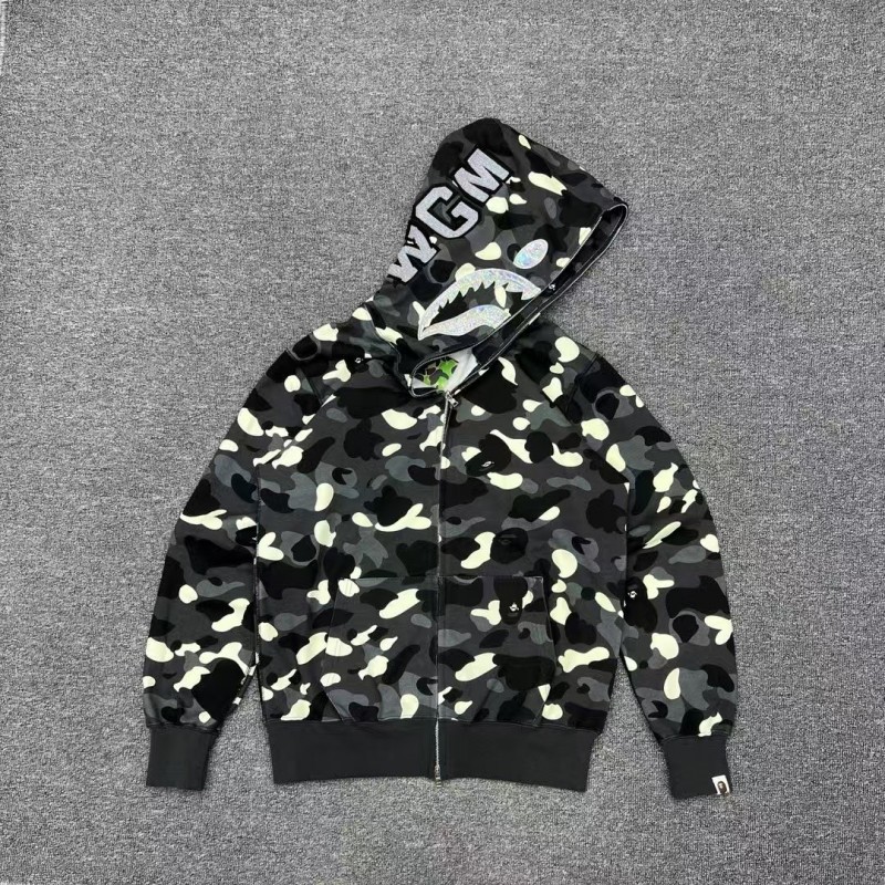 bape luminous camouflage laser shark hooded zip-up sweatshirt