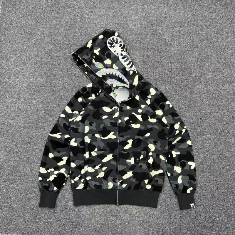 bape luminous camouflage laser shark hooded zip-up sweatshirt