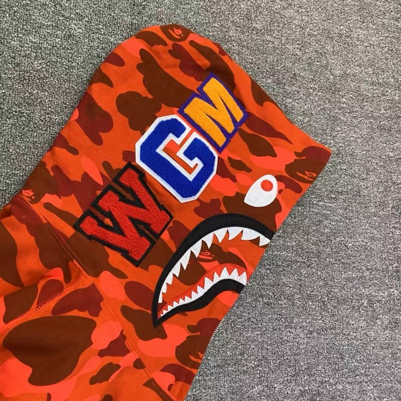 bape camouflage orange classic shark zipper sweatshirt