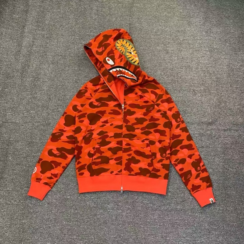 bape camouflage orange classic shark zipper sweatshirt