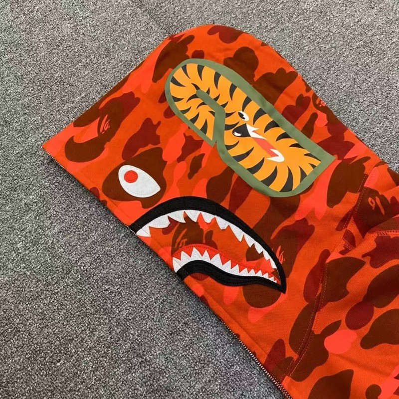 bape camouflage orange classic shark zipper sweatshirt