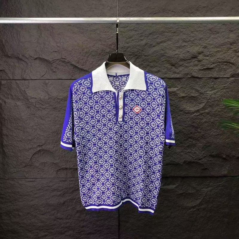casablanca2024 new full print jacquard knitted short-sleeved pearl button polo shirt