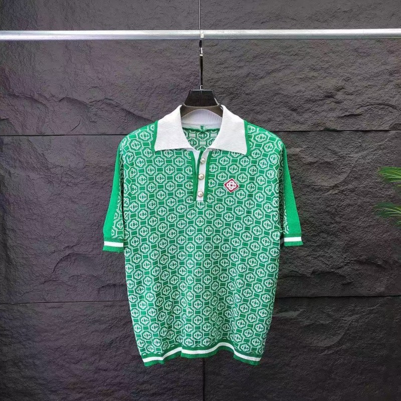 casablanca2024 new full print jacquard knitted short-sleeved pearl button polo shirt