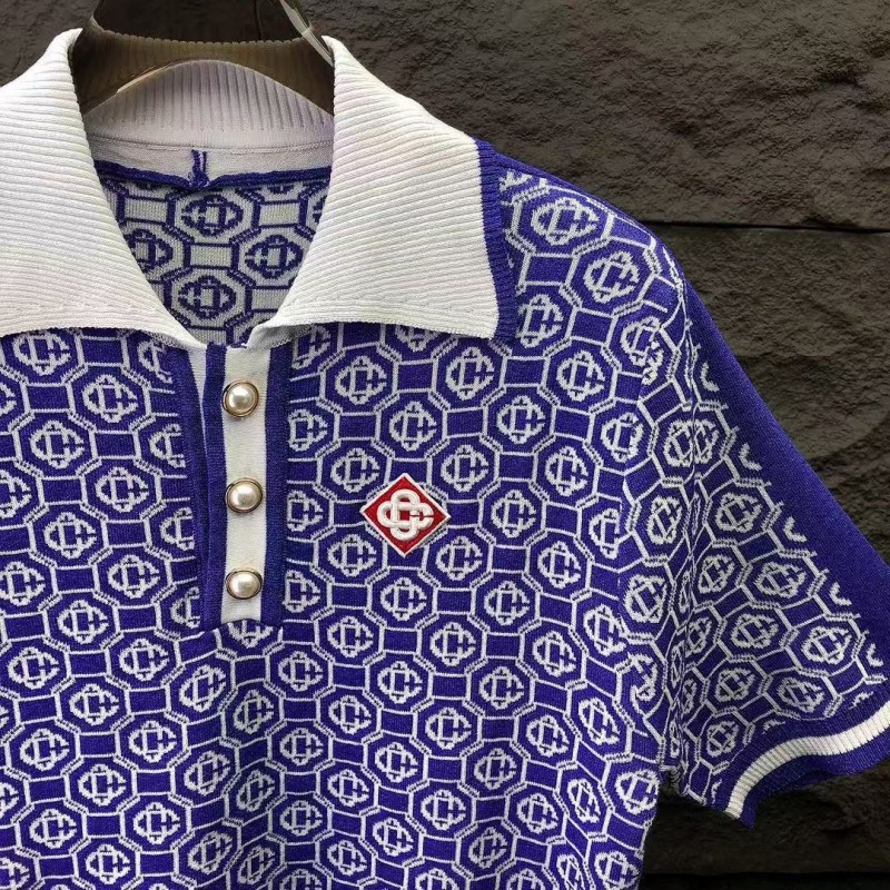 casablanca2024 new full print jacquard knitted short-sleeved pearl button polo shirt
