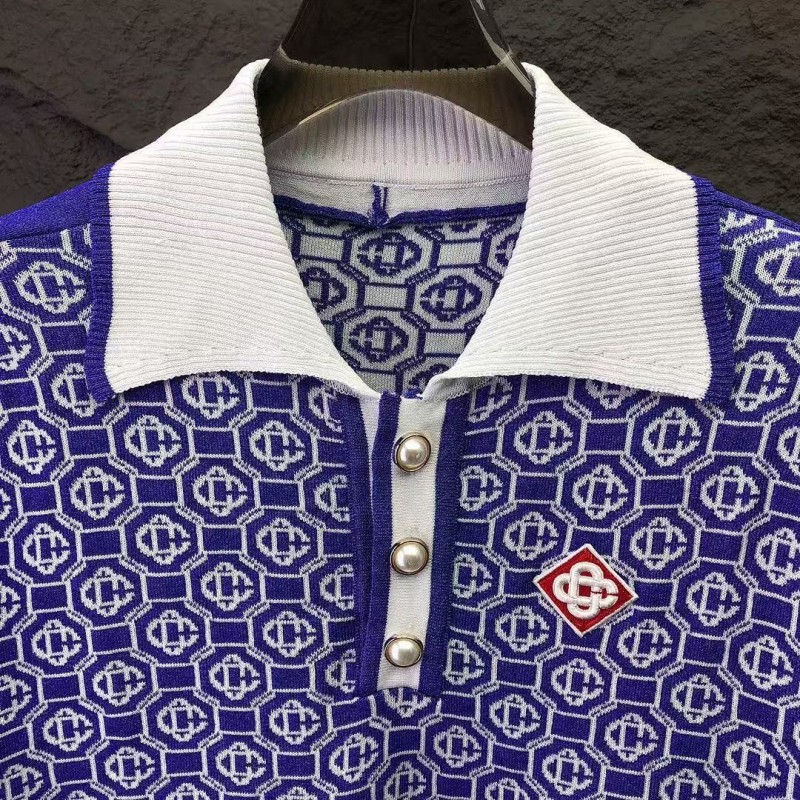 casablanca2024 new full print jacquard knitted short-sleeved pearl button polo shirt