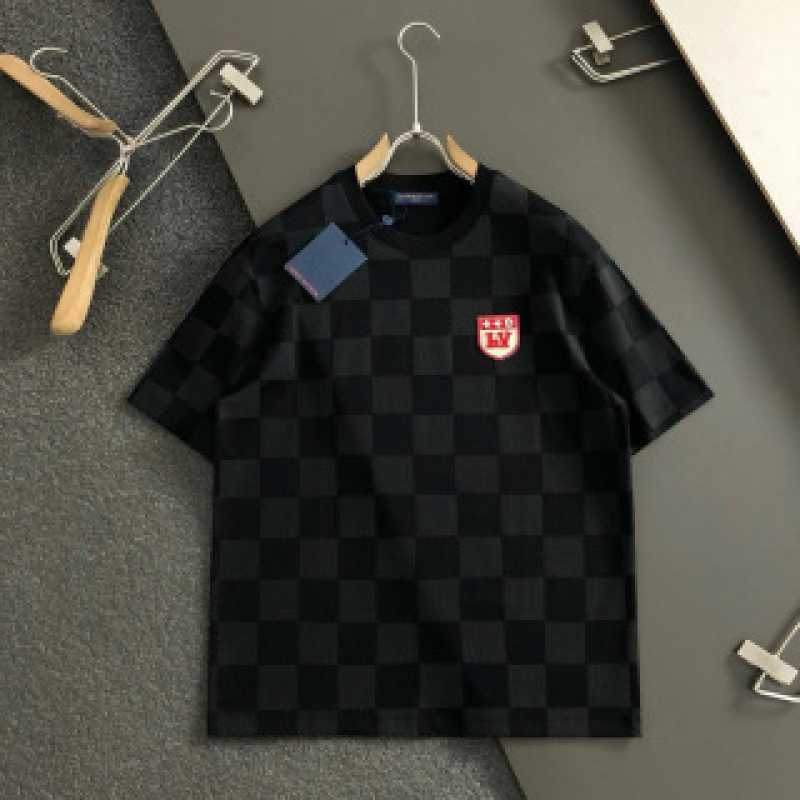 L0*is V*t0n SpringSummer Black Checkerboard Label Toothbrush Embroidery T-shirt