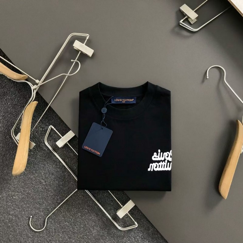 L0*is V*t0n SpringSummer Black Letters Front and Back Echo Letters Offset Printed T-shirt