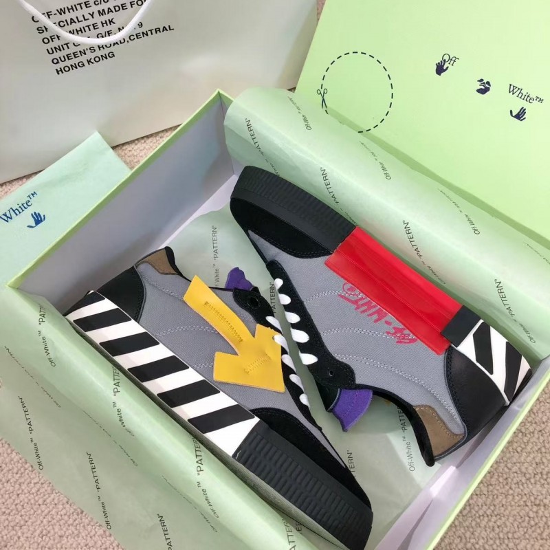 Off-White color-blocked arrows with geometric patterns, multi-color matching, sneakers
