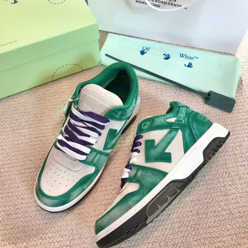 Off-White Arrow stitching green brushed leather distressed sneakers