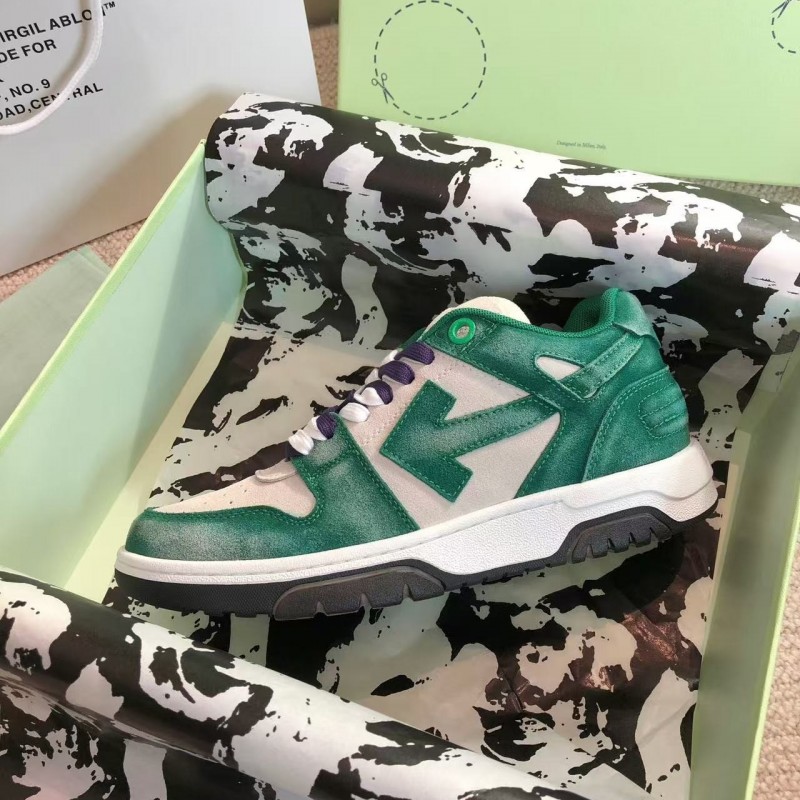 Off-White Arrow stitching green brushed leather distressed sneakers