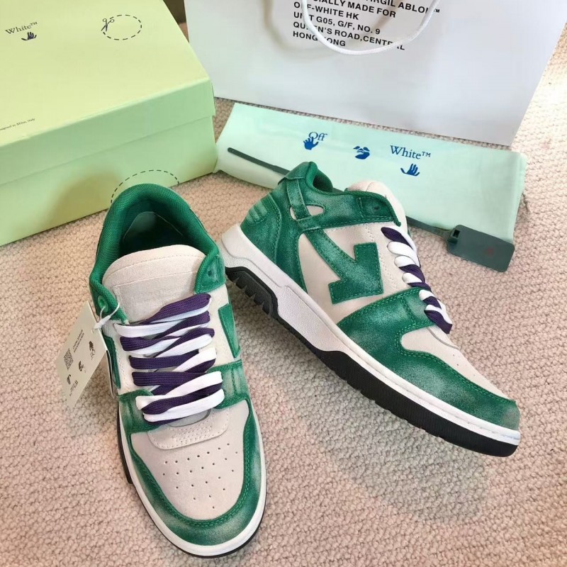 Off-White Arrow stitching green brushed leather distressed sneakers