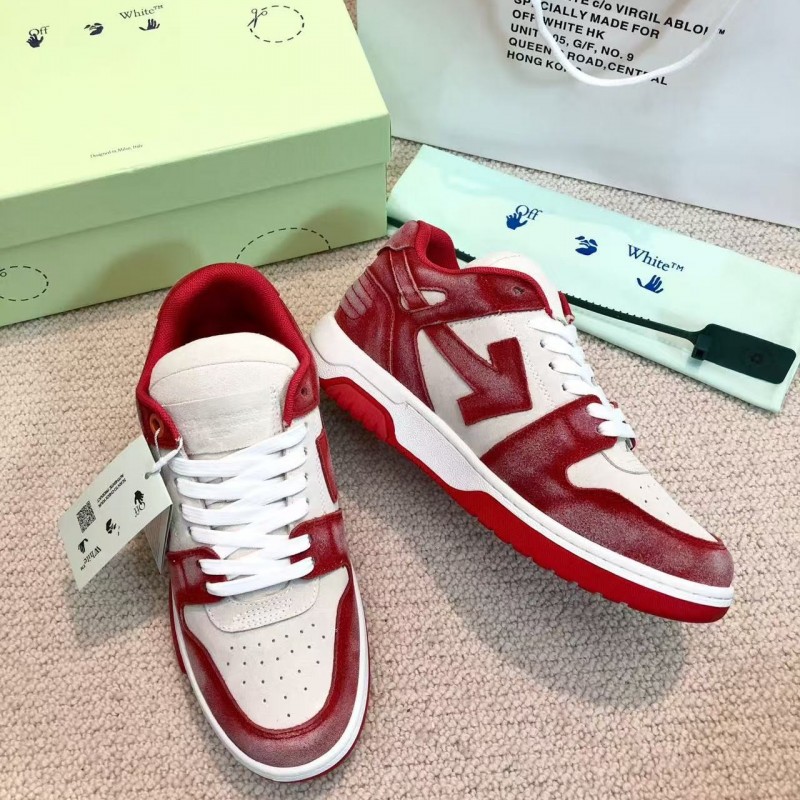 Off-White arrow stitching red frosted leather distressed sneakers