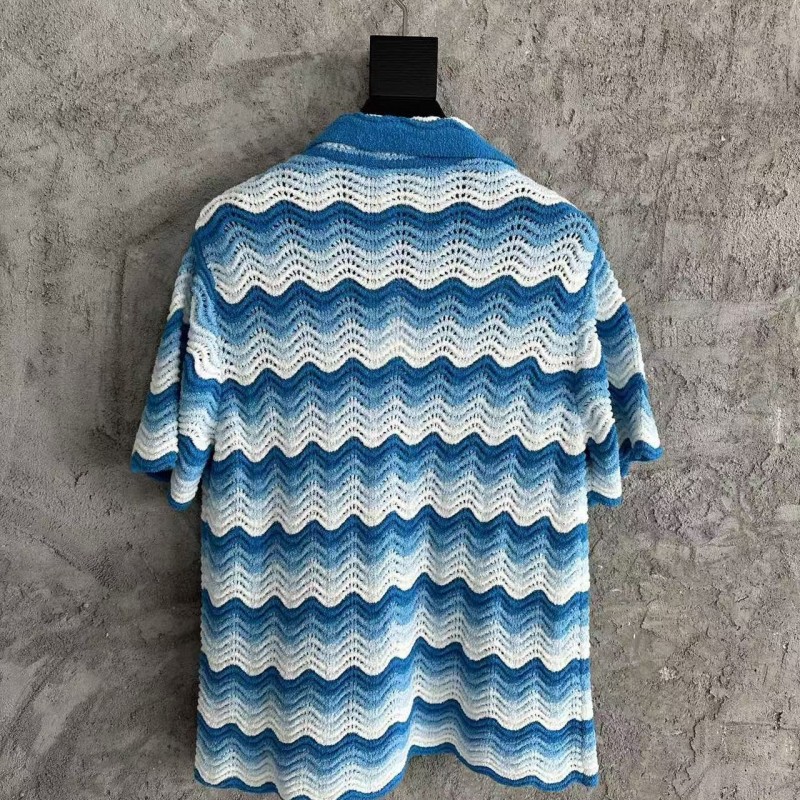 Casablanca blue cotton high-density knitted, water ripple gradient sweater T-shirt