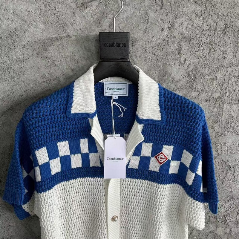 Casablanca, blue cotton high density knit, woven sweater T-shirt