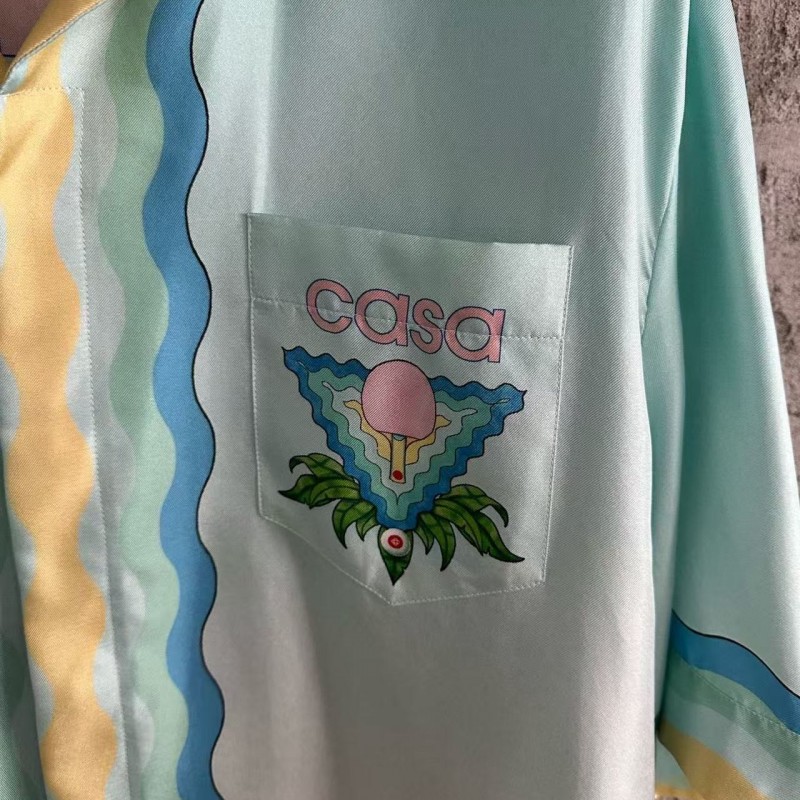 CASABLANCA Light blue silk T-shirt with ripple pattern