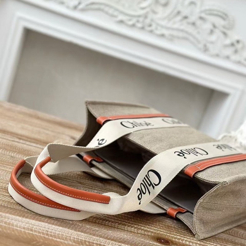 Chloe Woody linen pure cotton canvas and glossy small dough, orange casual bag Medium size: 37*26*12
