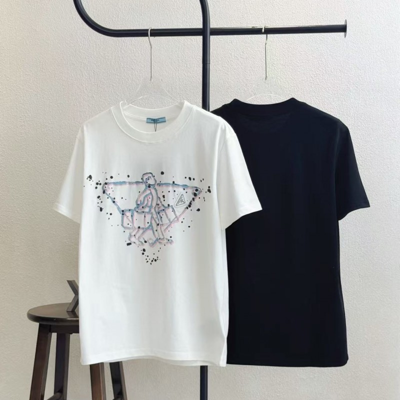 Pra*a 2025 new printed cotton T-shirt