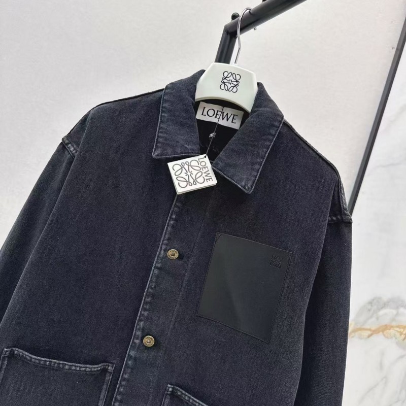 L0ew* SpringSummer New Vintage Leather Brand Decorated Denim Jacket