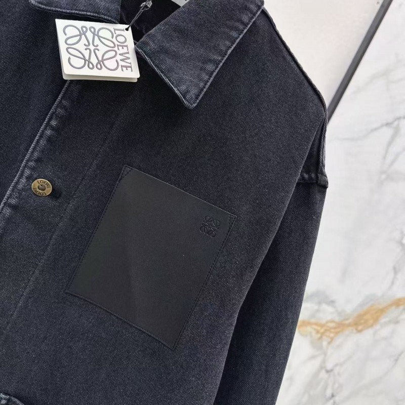 L0ew* SpringSummer New Vintage Leather Brand Decorated Denim Jacket