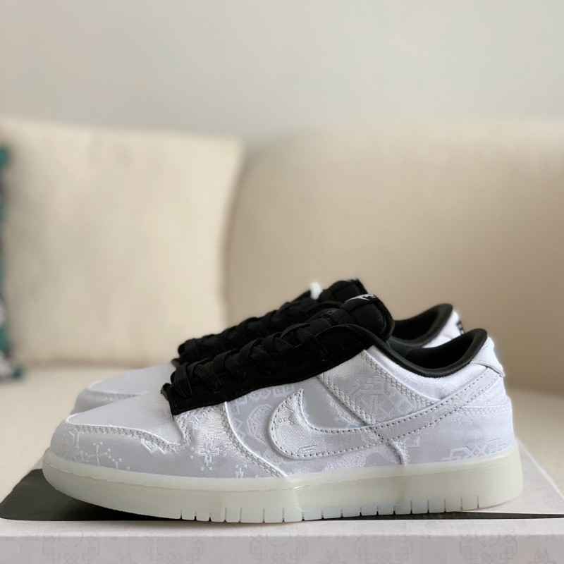 Fragment Design x Clot x Nike SB Dunk Low"20th AnniversaryWhite Silk Sneakers