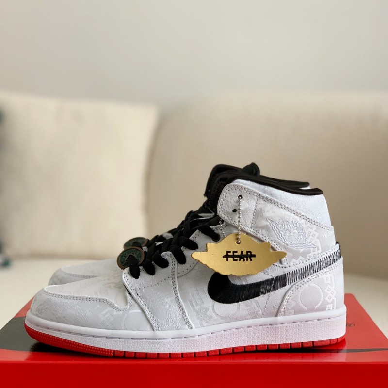Clot x Air Jordan AJ1 Mid "Fearless" White Silk Sneakers